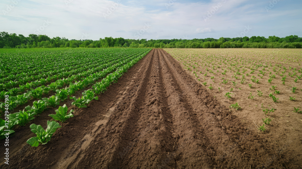 side by side comparison of two agricultural fields showcasing lush green crops on one side and barren, tilled area on other. This highlights contrast in farming practices and crop growth