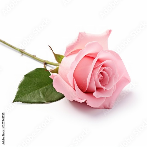 Elegant single pink rose with a green stem and leaf isolated on a white background, symbolizing love and beauty.
