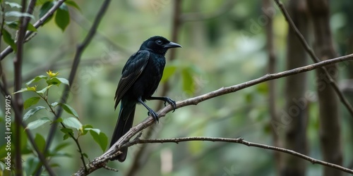 Black bird perched on a branch in the forest, branch, wildlife