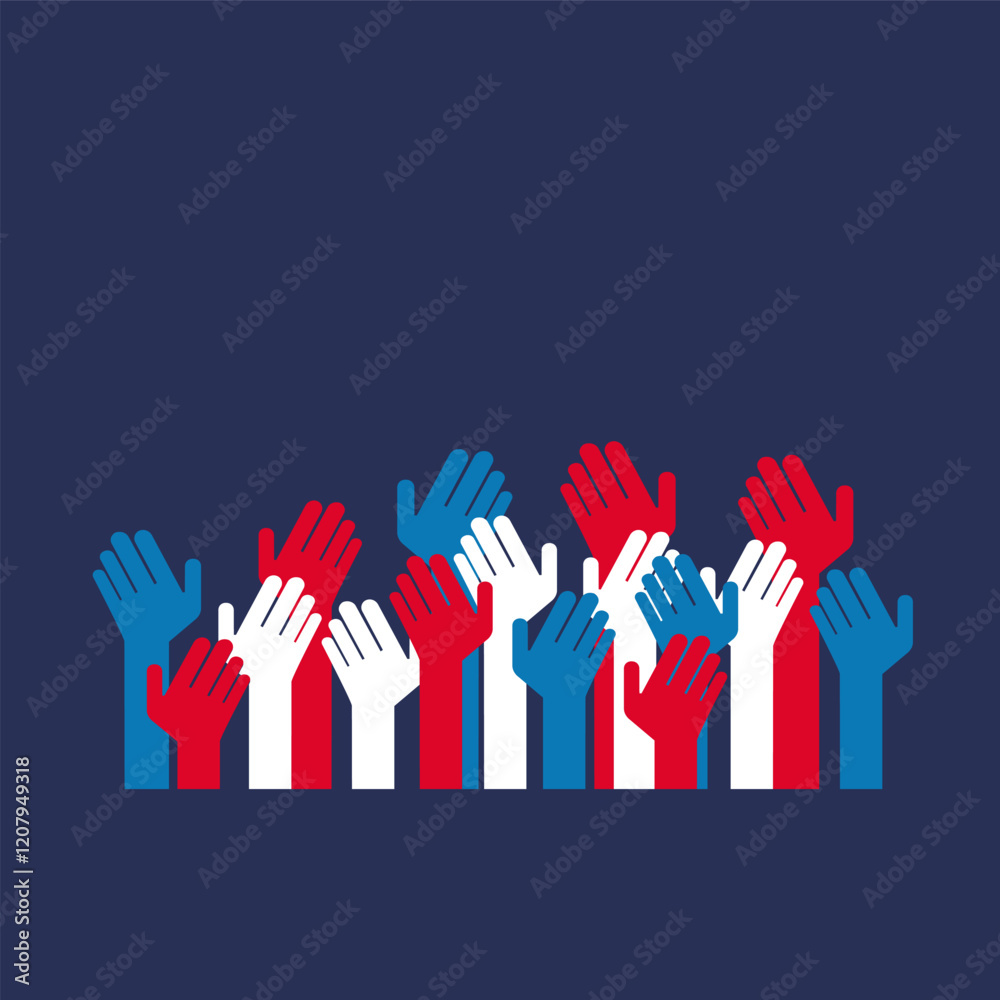 The image shows raised hands in U.S. flag colors, symbolizing unity and democracy.
The image shows raised hands in U.S. flag colors, symbolizing unity and democracy.
