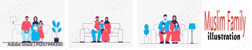 A flat illustration of a Muslim family with a father, mother, and children.