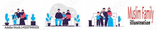 A flat illustration of a Muslim family with a father, mother, and children.