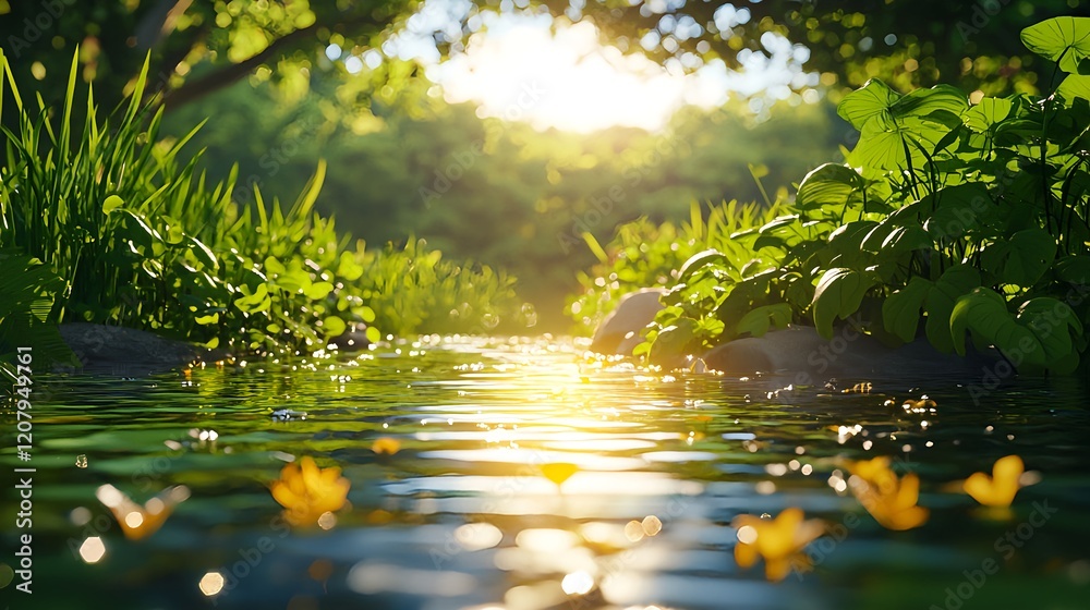 Fototapeta premium Serene River Flowing Through Lush Greenery Under Bright Sunlight