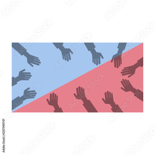 The image shows raised hands in U.S. flag colors, symbolizing unity and democracy.

