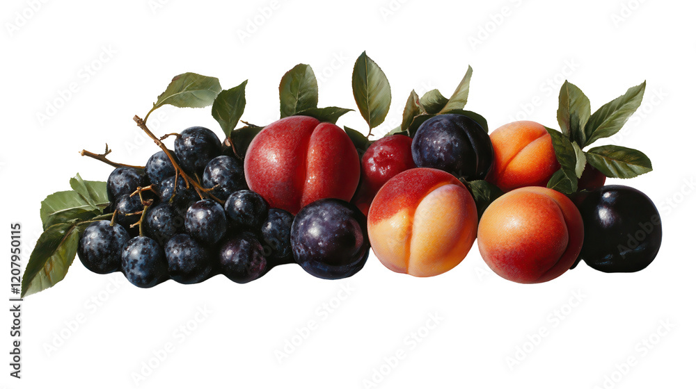 A vibrant assortment of fresh fruits including peaches, plums, and grapes. transparent background A vibrant assortment of fresh fruits including peaches, plums, and grapes. transparent background