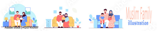 A flat illustration of a Muslim family with a father, mother, and children.