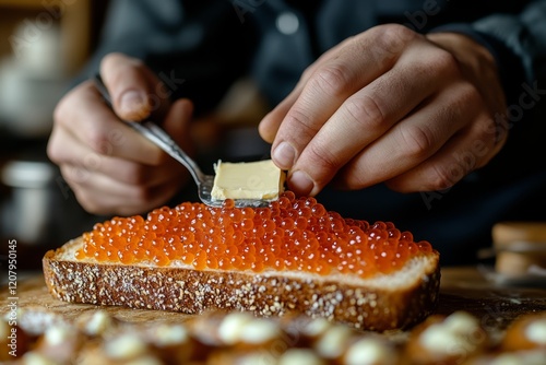 Chef preparing a delicious canape with red caviar and butter on a slice of toasted bread