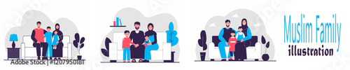 A flat illustration of a Muslim family with a father, mother, and children.