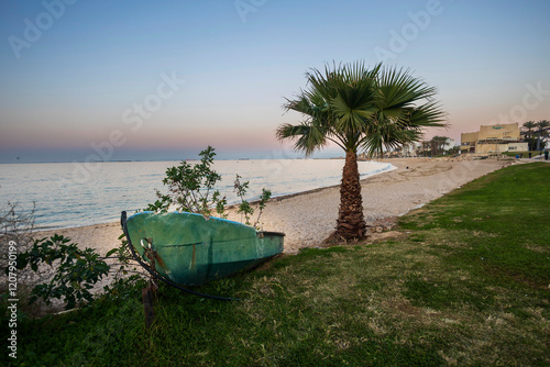 Haifa, Israel - January 5, 2025. A palm tree and an old boat in the Bat Galim area by the sea. photo