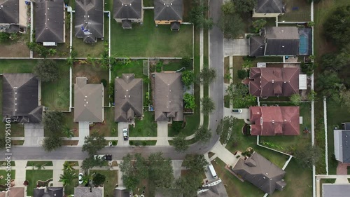 Luxury villas in suburb neighborhood of american town in Florida. Aerial top down flyover. Swimming pool in garden in expensive area. photo