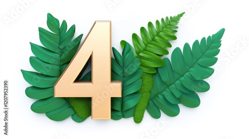 A vibrant number four surrounded by lush green ferns, symbolizing nature and growth.