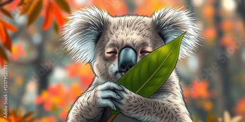 A cartoon koala is holding a leaf in its mouth. The image has a playful and lighthearted mood, with the koala's big smile and the bright colors of the background photo