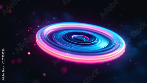 Futuristic Frisbee glowing with neon lights against a dark backdrop, creating a mesmerizing effect.