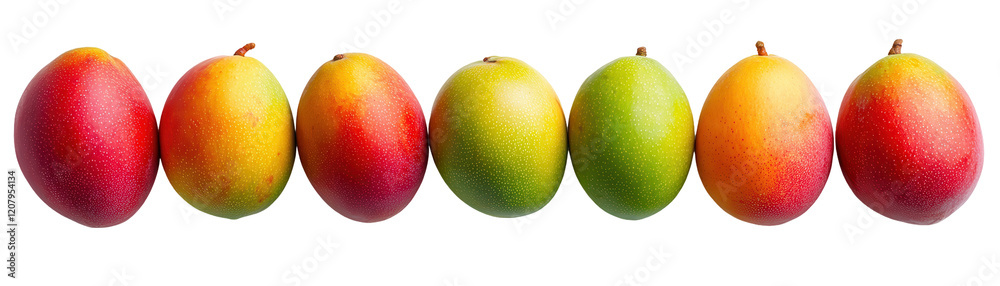 A vibrant row of ripe, fresh mangoes in various colors ready for enjoyment. transparent background A vibrant row of ripe, fresh mangoes in various colors ready for enjoyment. transparent background