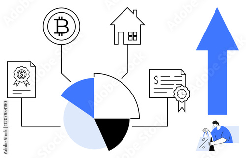 Pie chart connected to Bitcoin, house, certificates, award, arrow pointing up, person with watch. Ideal for finance, investment strategies, real estate cryptocurrency growth tracking business