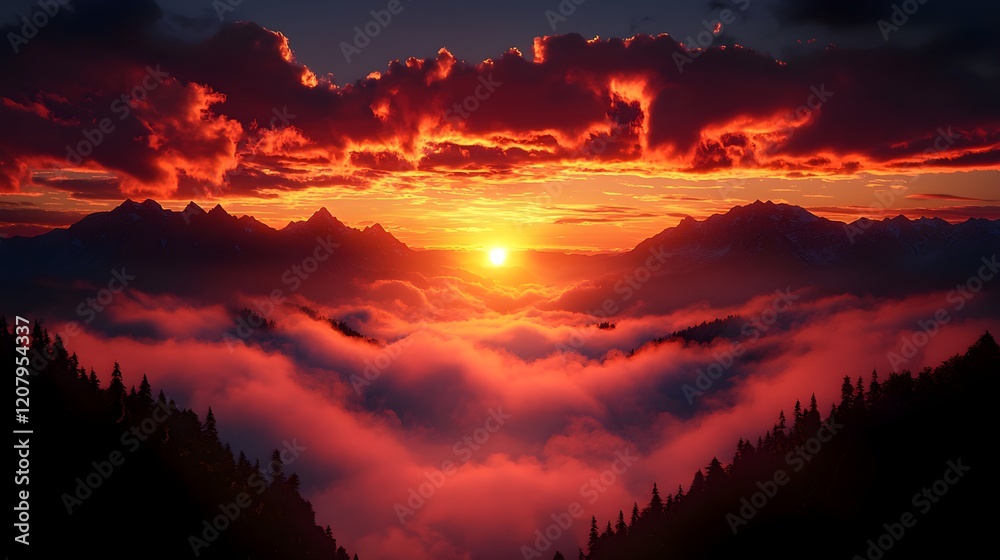 Fototapeta premium Breathtaking Sunset Over Mountain Peaks with Dramatic Clouds and Mist