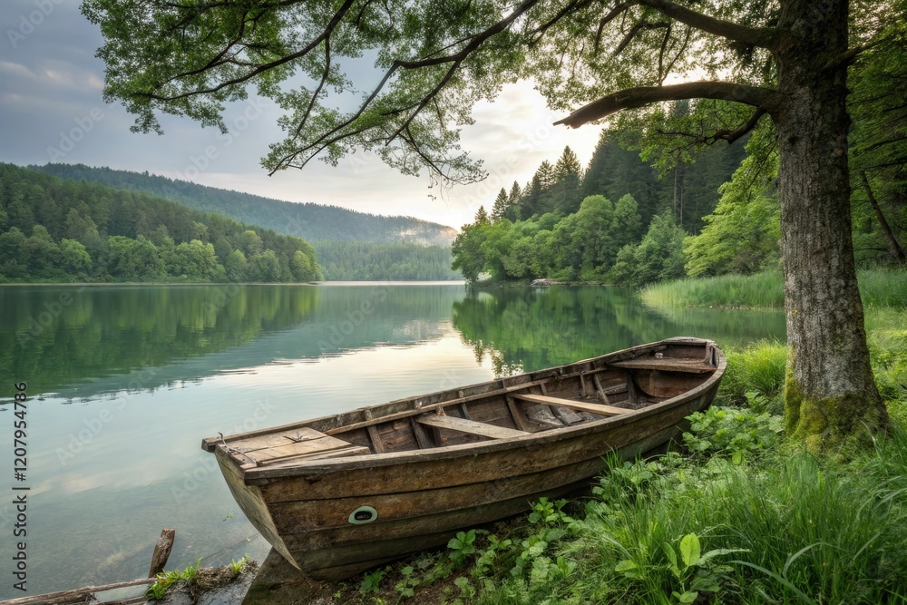 An old wooden boat resting on a tranquil lake surrounded by lush greenery and towering trees, water scenery, tree line, serene lake An old wooden boat resting on a tranquil lake surrounded by lush greenery and towering trees, water scenery, tree line, serene lake