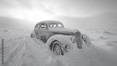 Vintage Car Buried in Snow in a Winter Landscape
