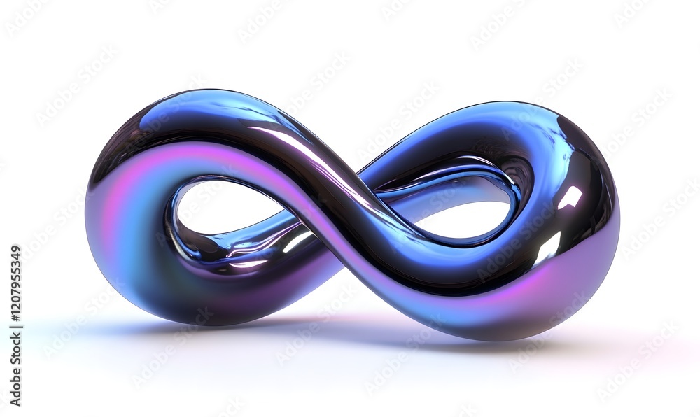 Iridescent infinity symbol, 3D render, white background, design element Iridescent infinity symbol, 3D render, white background, design element