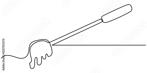Fork cheese continuous one line drawing, Cheese Continuous Line Art Illustration, Single continuous line drawing pan containing liquid cheese. Long fork is a tool to help eat food. Stay warm pro. 