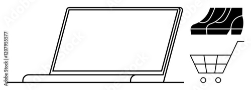 Laptop screen for online shopping featuring shoes and a shopping cart. Ideal for ecommerce, online retail, digital marketing, consumer behavior, internet shopping, retail trends, convenience
