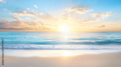 Serene Ocean View at Sunrise with Gentle Waves and Colorful Sky Reflections Over Tranquil Water