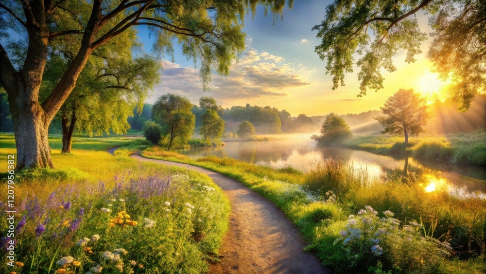 Serene Sunrise Path Winding Through a Picturesque Meadow by a Calm Lake Serene Sunrise Path Winding Through a Picturesque Meadow by a Calm Lake