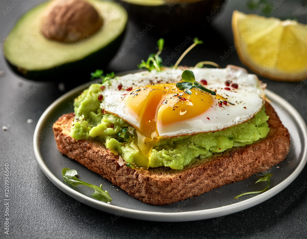 delicious avocado toast topped with sunny side up egg and herbs delicious avocado toast topped with sunny side up egg and herbs