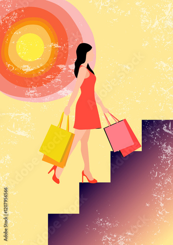 Stylish woman in red dress carrying shopping bags, walking up stairs with a retro sunset background. Vibrant, modern art for fashion, shopping, and lifestyle themes.