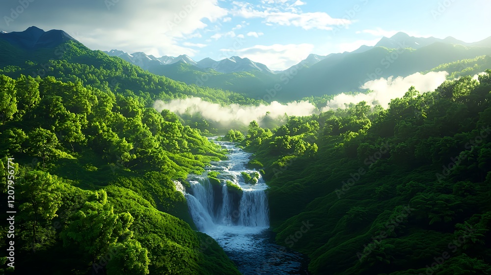 Fototapeta premium Serene Waterfall Surrounded by Lush Green Forest and Mountains