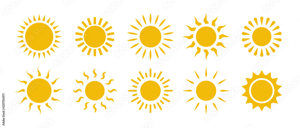 Sun icon set in yellow color on white background. Sun simple icons collection. Yellow sun icon set, sunshine and solar glow, sunrise or sunset. Vector illustration.