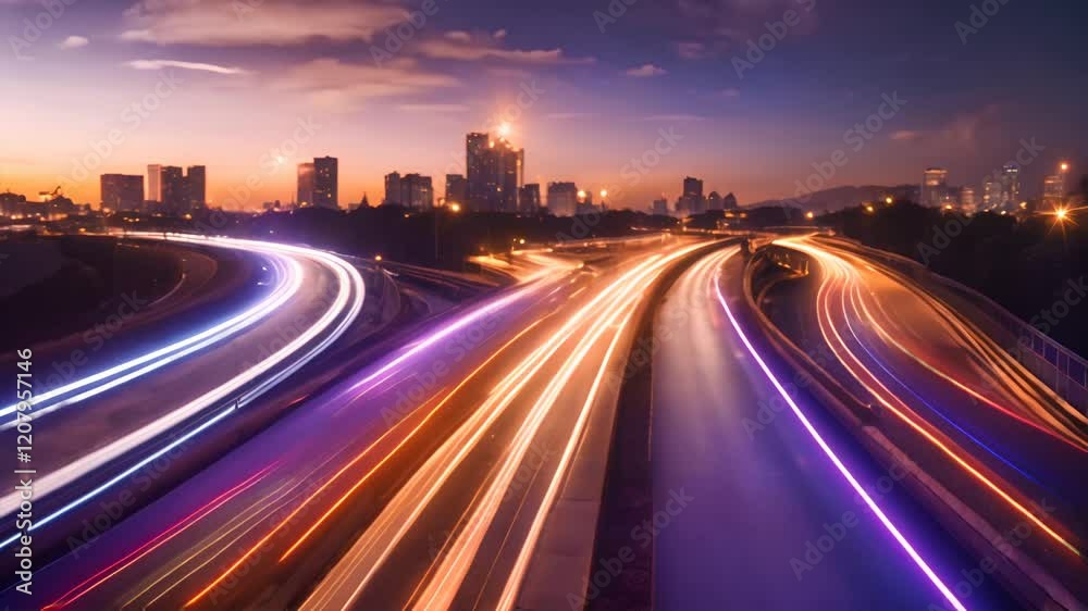 Light trails are speeding across a highway at night with glowing dots on the side creating a futuristic feel of fast internet connection 4K Light trails are speeding across a highway at night with glowing dots on the side creating a futuristic feel of fast internet connection 4K