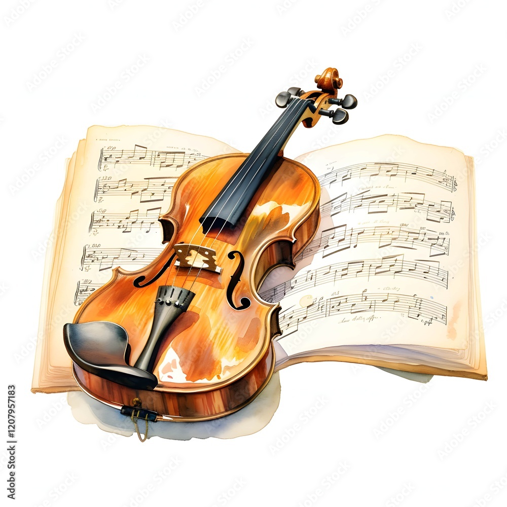 Fototapeta premium Violin With Music Sheets clipart. Watercolor illustration. Hand-Painted Digital Artwork