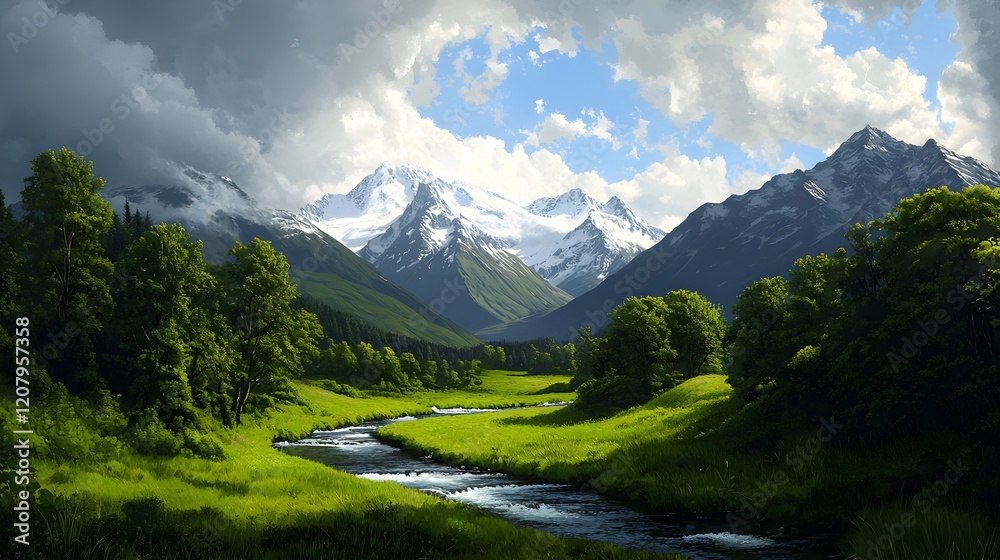 Obraz premium Majestic Mountain Landscape with Lush Green Valley and River View