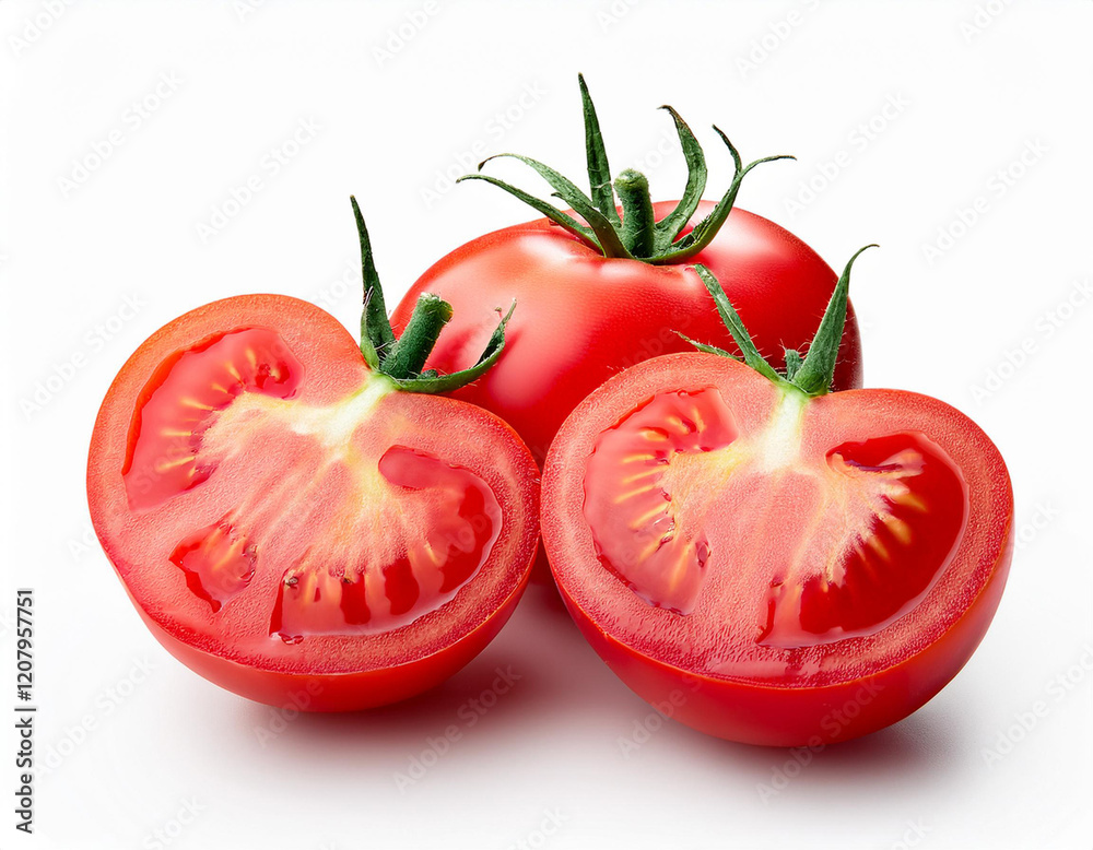 whole and halved fresh tomatoes on white background whole and halved fresh tomatoes on white background