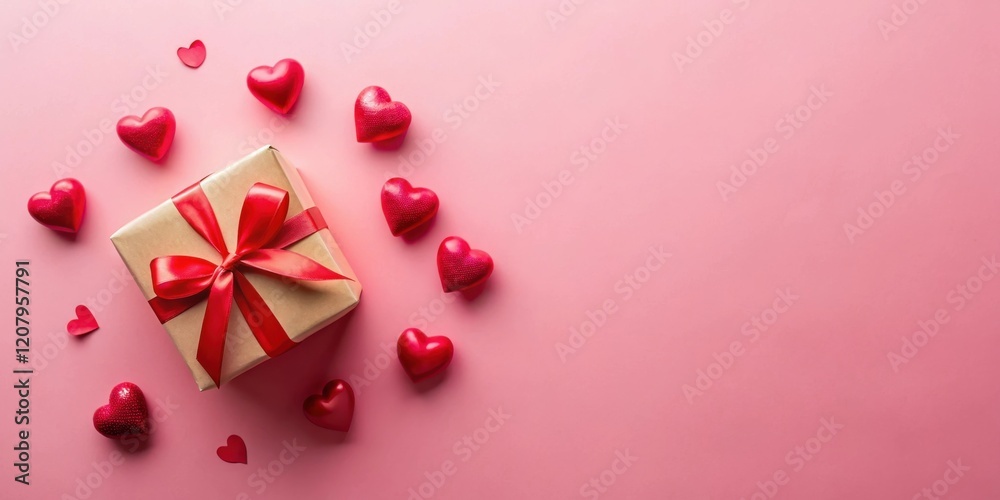 A gift wrapped in brown paper with a red ribbon and surrounded by small red hearts on a pink background A gift wrapped in brown paper with a red ribbon and surrounded by small red hearts on a pink background