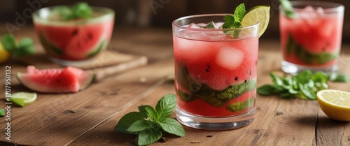 Wallpaper Mural Close-up of a watermelon mojito garnished with lemon wedge and mint leaves on a wooden table, watermelon, cocktail, beverage, garnish, close-up Torontodigital.ca