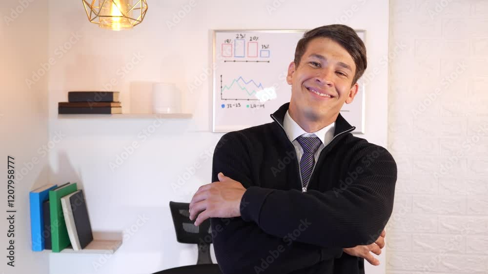 businessman concepts in office. handsome young man smiles proudly for his business results businessman concepts in office. handsome young man smiles proudly for his business results