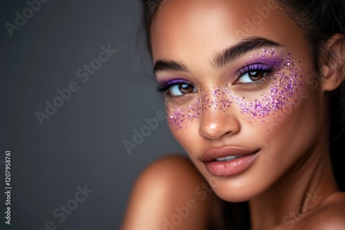 Young hispanic female with glitter makeup and purple eyeshadow looking confident