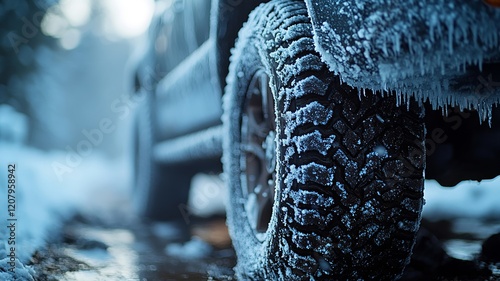 Close-up of a tire on a snowy road with frost and winter details photo