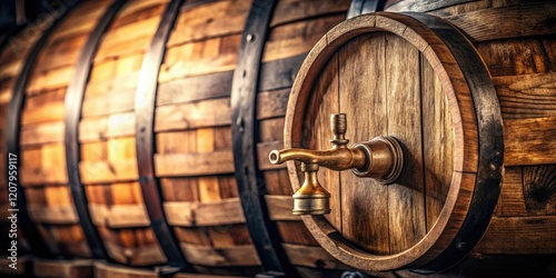 Close-up of a beer barrel aged in oak barrels with wooden staves and a rusty metal tap, fermentation vessel, fermentation, brewery, cellar photo