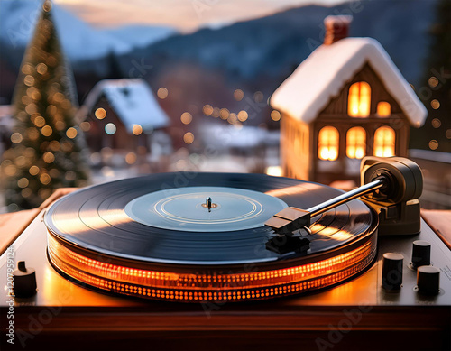 a vintage turntable plays music its needle tracing a vinyl record against a blurred background of snowy houses and warm lights photo