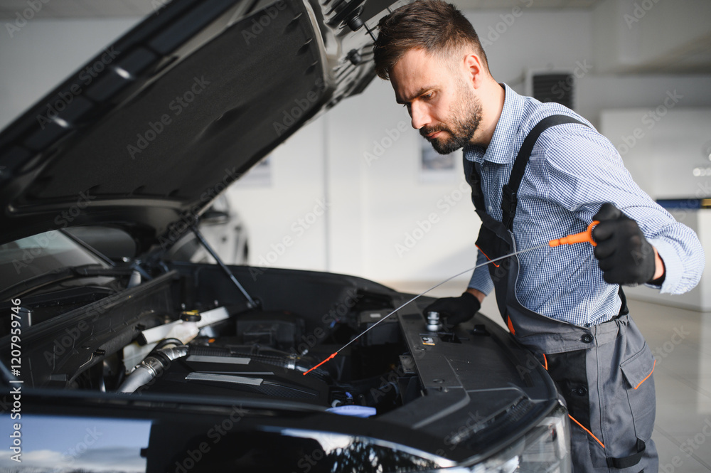 Troubleshooting process. Auto mechanic working in garage. Repair service Troubleshooting process. Auto mechanic working in garage. Repair service