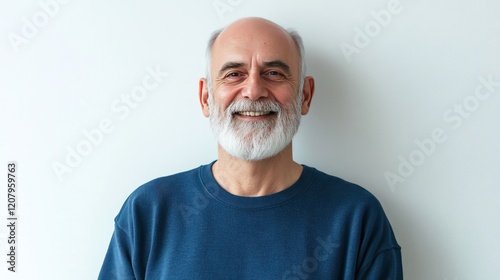 Portrait of a cheerful elderly man with a joyful expression and a white beard, smiling contentedly against a plain white background.