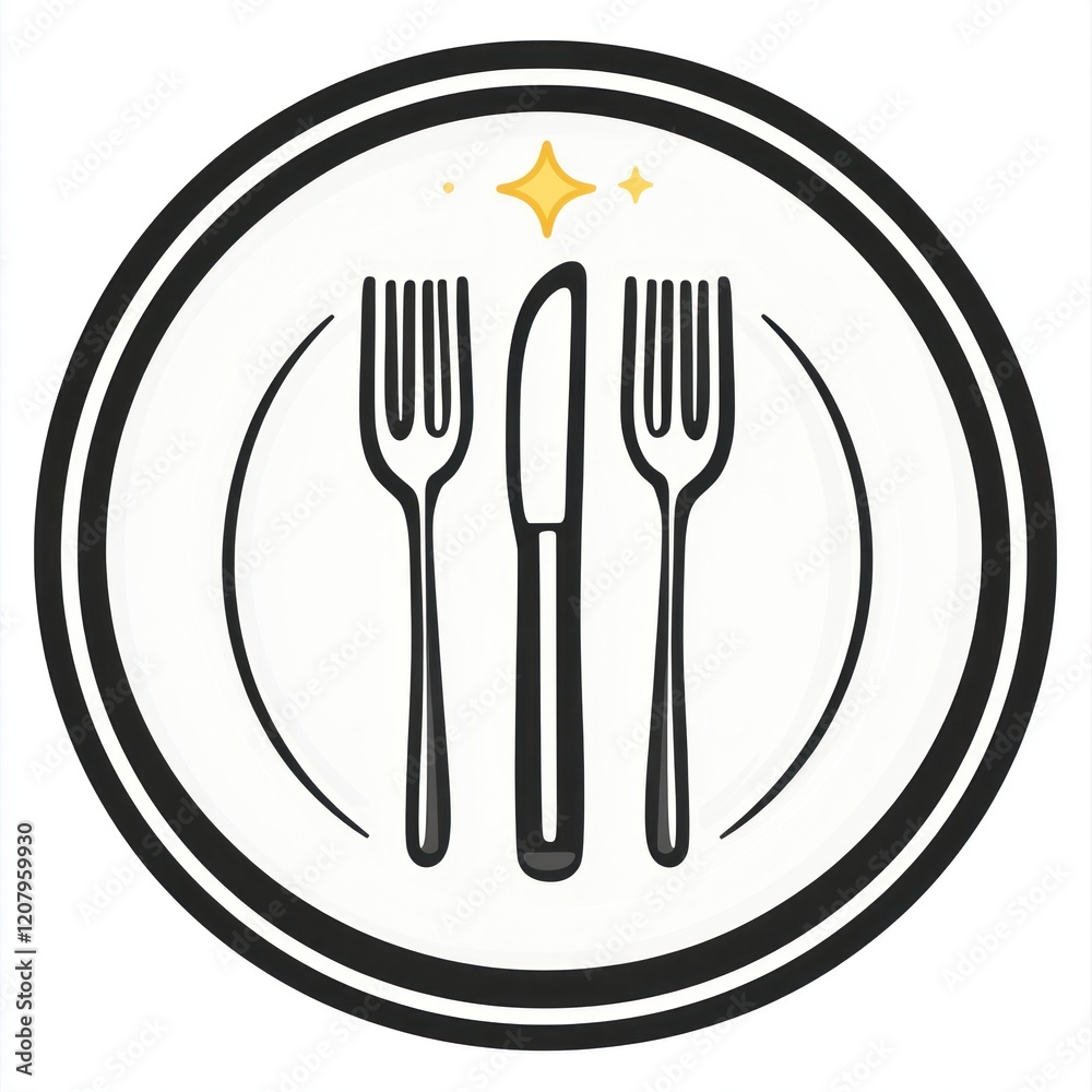 Plate with a knife and forks on a table, icon for restaurant or food use Plate with a knife and forks on a table, icon for restaurant or food use