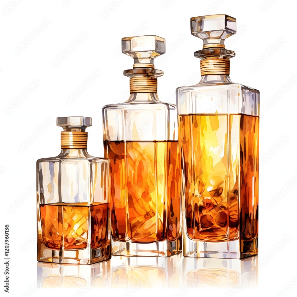 Whiskey Decanter Set clipart. Watercolor illustration. AI-Generated Artistic Illustration. Detailed illustration Whiskey Decanter Set clipart. Watercolor illustration. AI-Generated Artistic Illustration. Detailed illustration