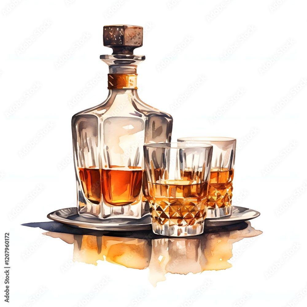 Whiskey Decanter Set clipart. Watercolor illustration. Illustrative Clipart Collection illustration Whiskey Decanter Set clipart. Watercolor illustration. Illustrative Clipart Collection illustration