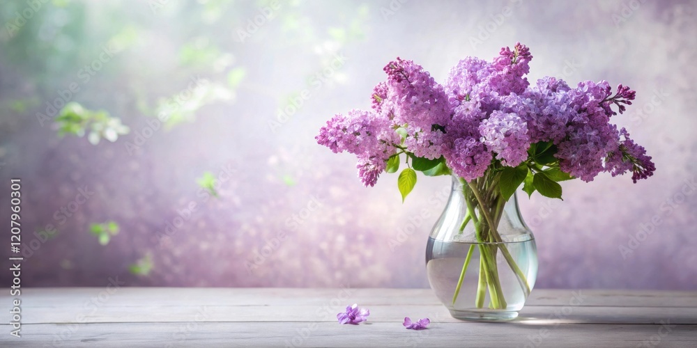 Fototapeta premium A lovely springtime bouquet of purple lilac blossoms in a clear glass vase sits on a rustic wooden surface against a soft purple background.