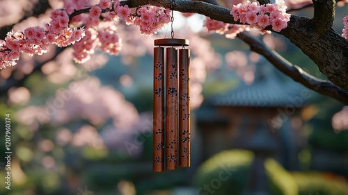 Wooden wind chime hanging on a blossoming cherry tree photo