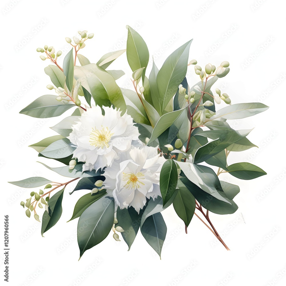 Obraz premium White Flowers And Green Leaves clipart. AI Watercolor Art illustration. Detailed illustration